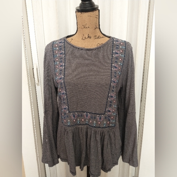 LOFT Striped Embroidered Bell Sleeve Peasant Boho Hippie Top Large - Picture 2 of 10